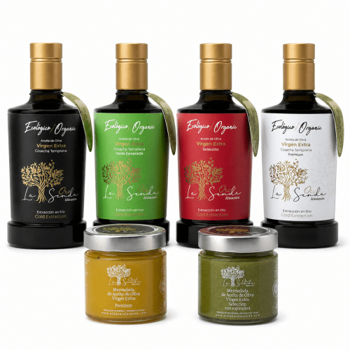 Cesta gourmet con 4 AOVEs ecológicos de 250 ml y 2 mermeladas Oro La Senda
