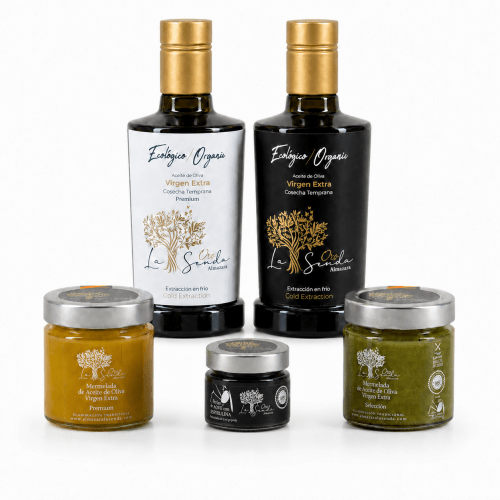 Lote gourmet con 2 AOVEs ecológicos, mermeladas y perlas de AOVE con espirulina