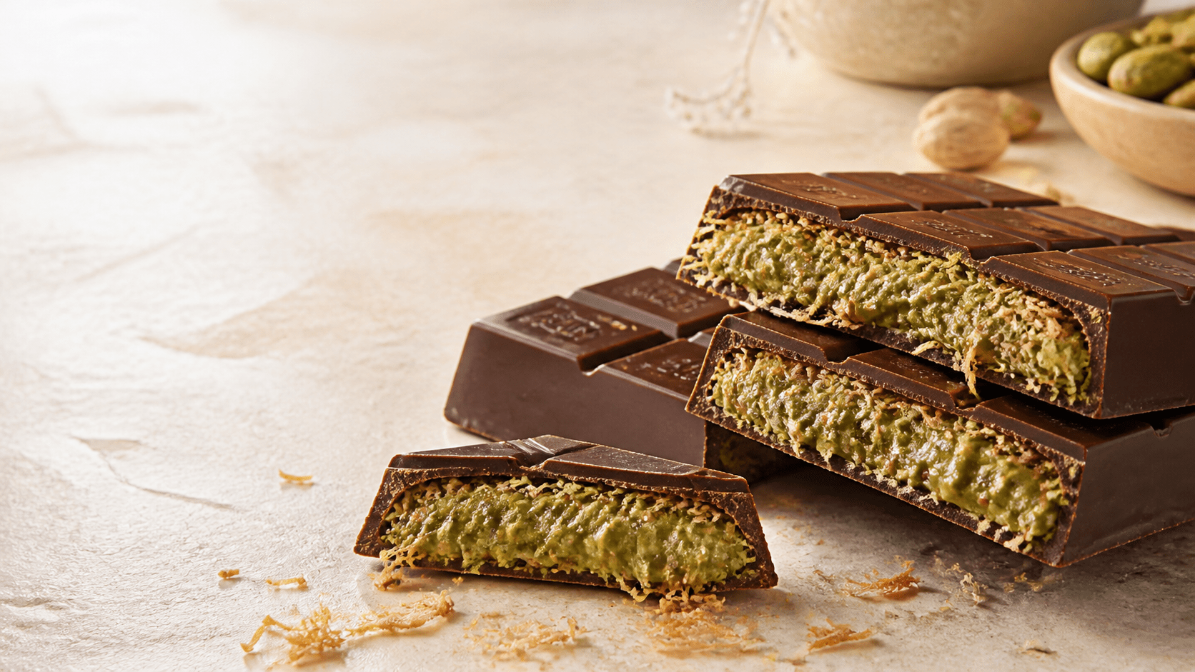 Chocolate de Dubái casero relleno de crema de pistacho y kataifi crujiente