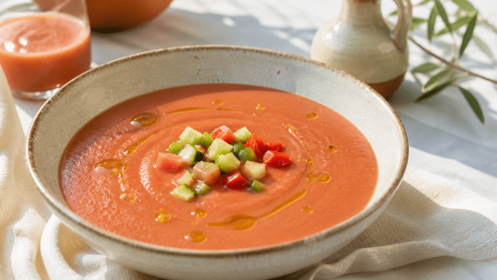 Gazpacho andaluz tradicional con hortalizas y aceite de oliva virgen extra Oro La Senda