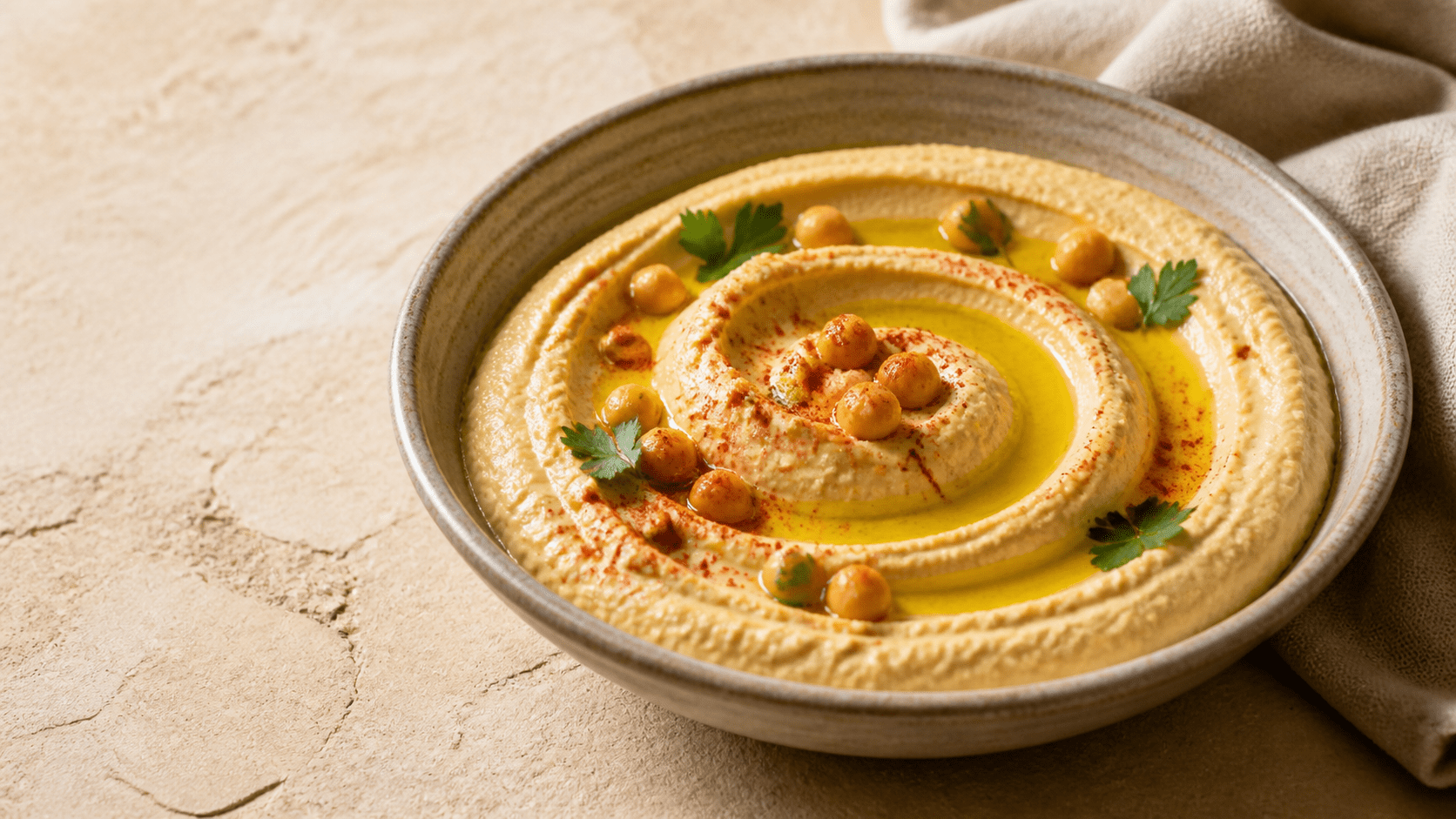 Hummus casero cremoso con AOVE Verde Joven Oro La Senda, garbanzos y pimentón