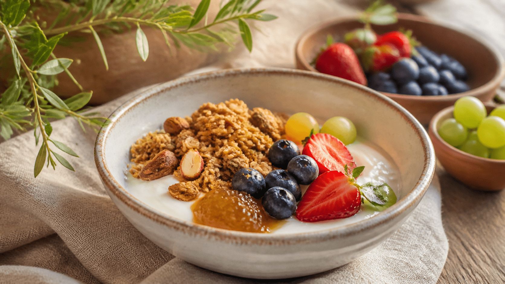 Bol de yogur casero con granola crujiente de AOVE, fruta y mermelada Oro La Senda